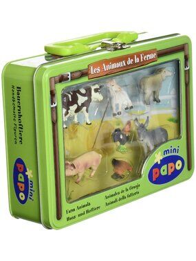 Papo Mini 7 Farm Animals Hand painted figurines in  Tin Case New Sealed Age 3+